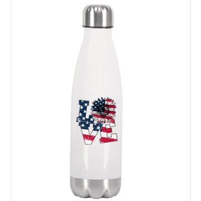 Love Sunflower Patriotic American Flag 4th Of July Stainless Steel Insulated Water Bottle