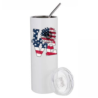 Love Sunflower Patriotic American Flag 4th Of July Stainless Steel Tumbler