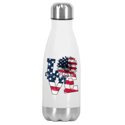 Love Sunflower Patriotic American Flag 4th Of July Stainless Steel Insulated Water Bottle