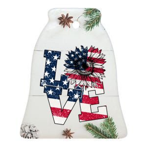 Love Sunflower Patriotic American Flag 4th Of July Ceramic Bell Ornament