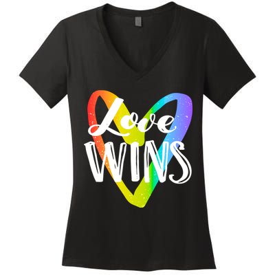 Love Wins LGBT Rainbow Heart Women's V-Neck T-Shirt