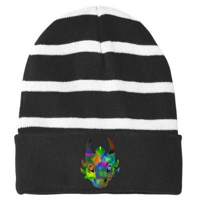 Low Poly Dragon Face Striped Beanie with Solid Band