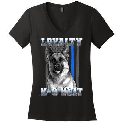 Loyalty K-9 Unit German Shepard Thin Blue Line Flag Women's V-Neck T-Shirt