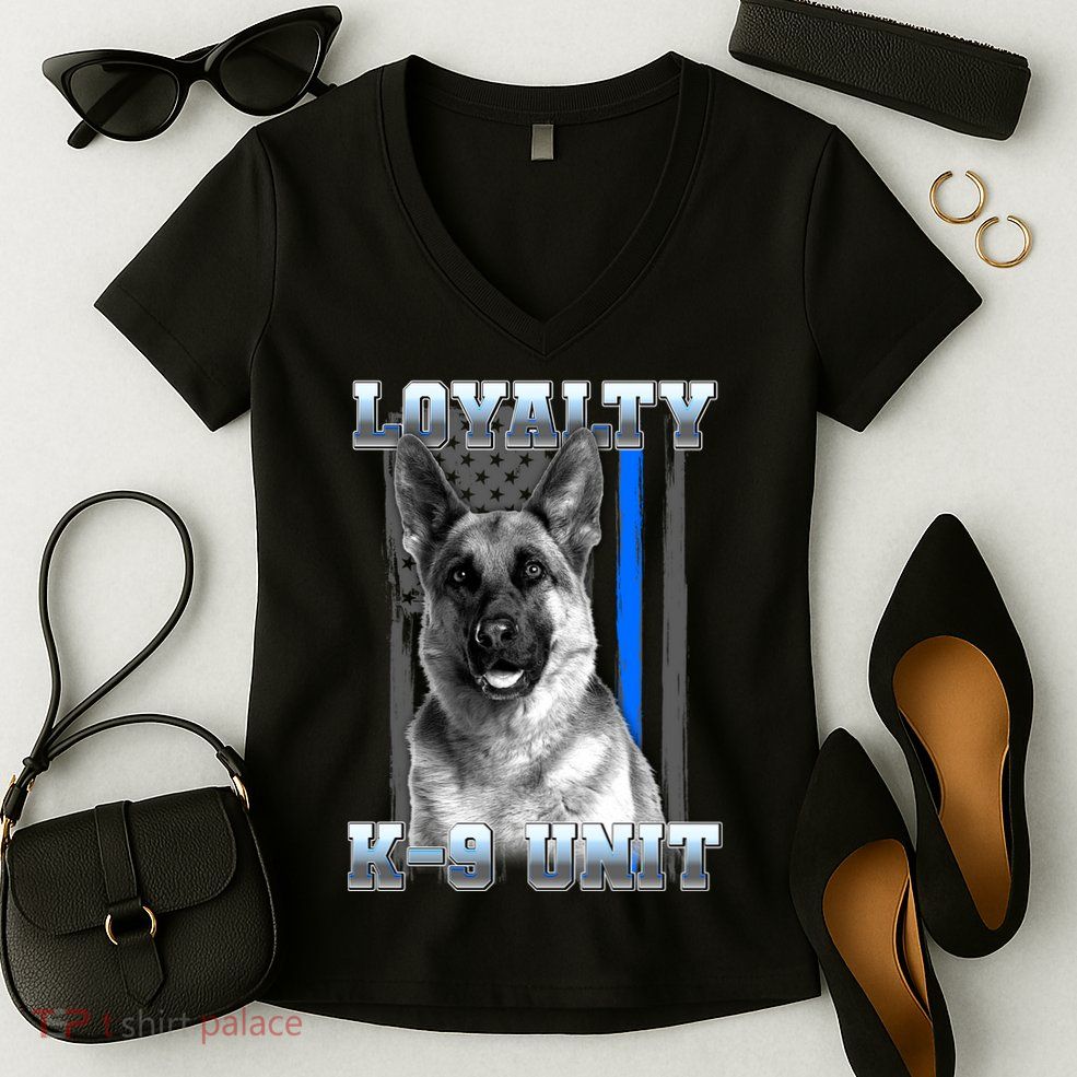 Loyalty K-9 Unit German Shepard Thin Blue Line Flag Women's V-Neck T-Shirt