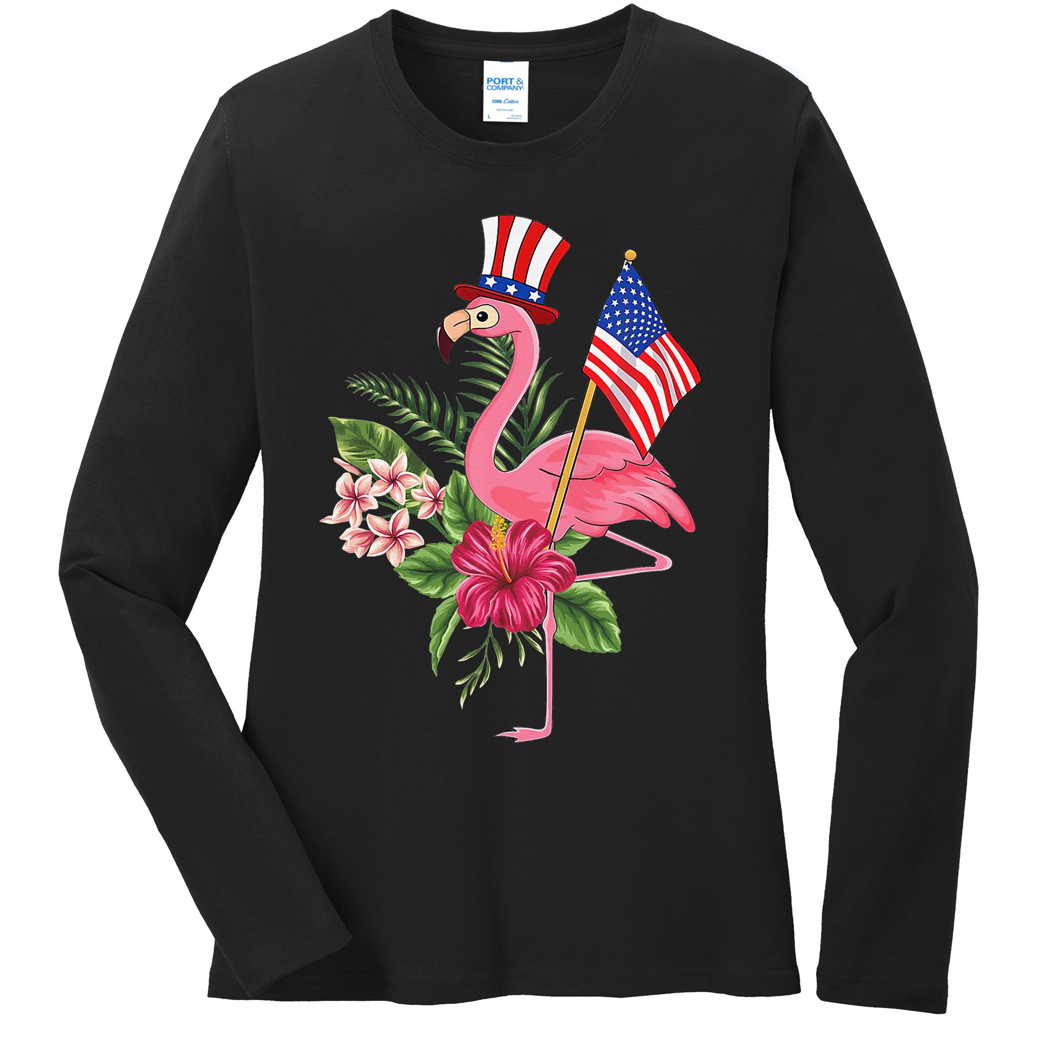 lamerica Patriotic 4th of July Flamingo American Ladies Long Sleeve Shirt