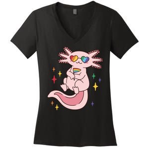 LGBTQ Pride Axolotl Rainbow Flag Women's V-Neck T-Shirt