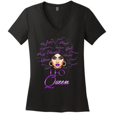 Leo Purple Afro Queen Black Zodiac Birthday Women's V-Neck T-Shirt