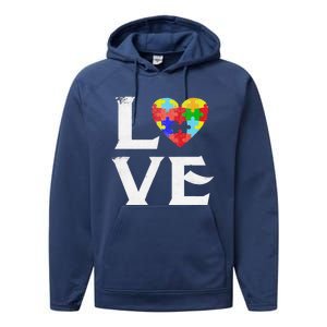 Love Puzzles Autism Awareness Heart Puzzle Tee Performance Fleece Hoodie