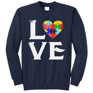 Love Puzzles Autism Awareness Heart Puzzle Tee Tall Sweatshirt