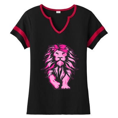 Lion Pink Bandana Breast Cancer Awareness Survivor Warrior Ladies Halftime Notch Neck Tee