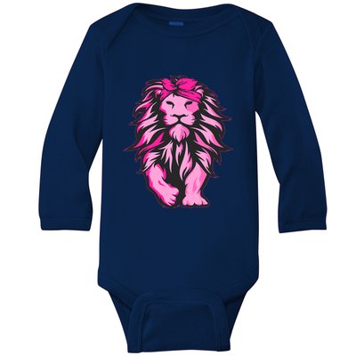 Lion Pink Bandana Breast Cancer Awareness Survivor Warrior Baby Long Sleeve Bodysuit