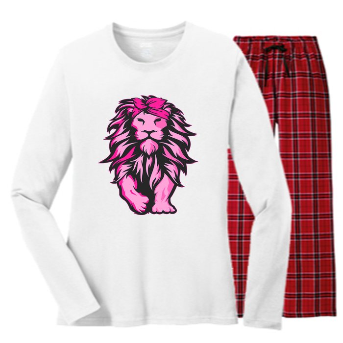 Lion Pink Bandana Breast Cancer Awareness Survivor Warrior Women's Long Sleeve Flannel Pajama Set 