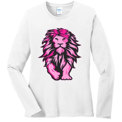 Lion Pink Bandana Breast Cancer Awareness Survivor Warrior Ladies Long Sleeve Shirt