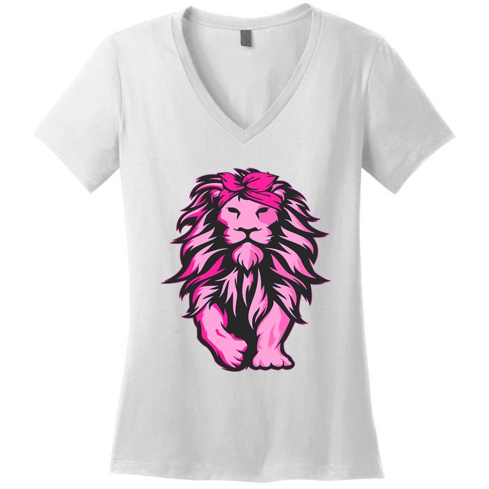 Lion Pink Bandana Breast Cancer Awareness Survivor Warrior Women's V-Neck T-Shirt