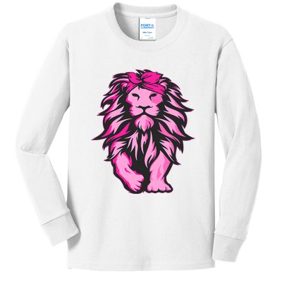 Lion Pink Bandana Breast Cancer Awareness Survivor Warrior Kids Long Sleeve Shirt