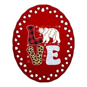 Love Polar Bear Christmas Buffalo Plaid Animal Snowflakes Gift Ceramic Oval Ornament