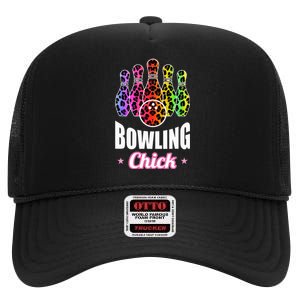 Leopard Print Bowler Chick Bowling Ball Art High Crown Mesh Back Trucker Hat