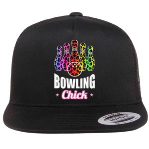 Leopard Print Bowler Chick Bowling Ball Art Flat Bill Trucker Hat