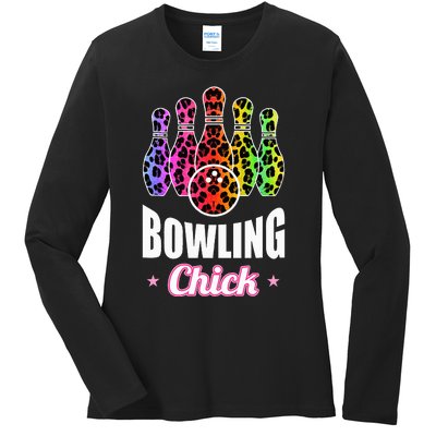 Leopard Print Bowler Chick Bowling Ball Art Ladies Long Sleeve Shirt