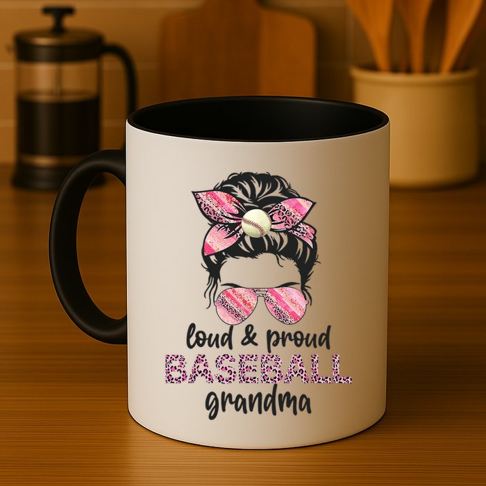 Loud Proud BaseBall Grandma Life Messy Bun Leopard Game Day Mug