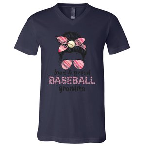 Loud Proud BaseBall Grandma Life Messy Bun Leopard Game Day V-Neck T-Shirt