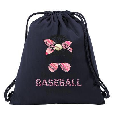 Loud Proud BaseBall Grandma Life Messy Bun Leopard Game Day Drawstring Bag
