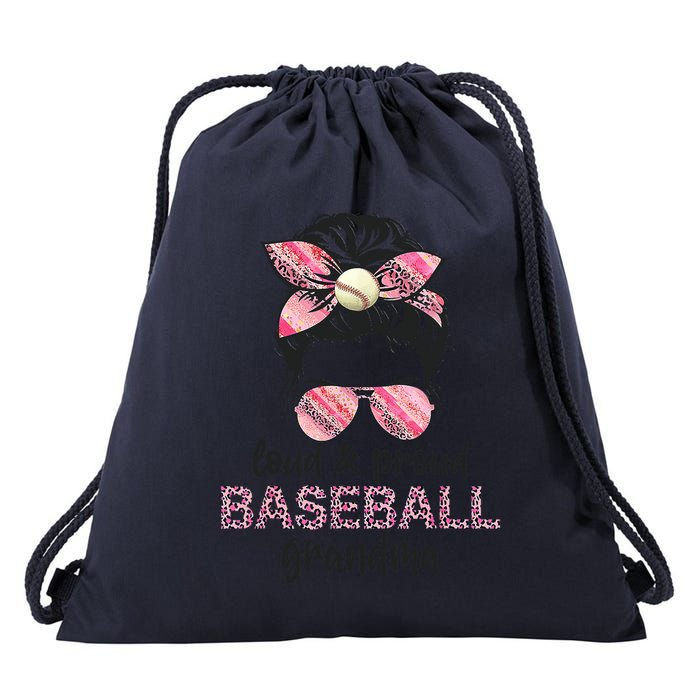 Loud Proud BaseBall Grandma Life Messy Bun Leopard Game Day Drawstring Bag