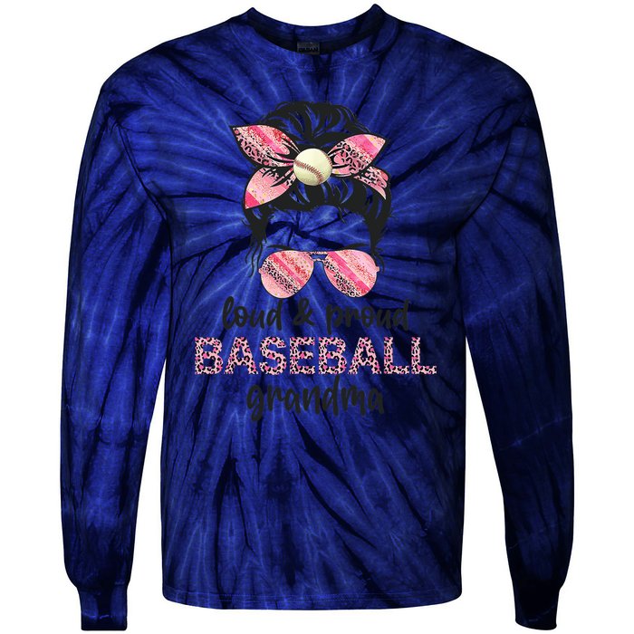 Loud Proud BaseBall Grandma Life Messy Bun Leopard Game Day Tie-Dye Long Sleeve Shirt