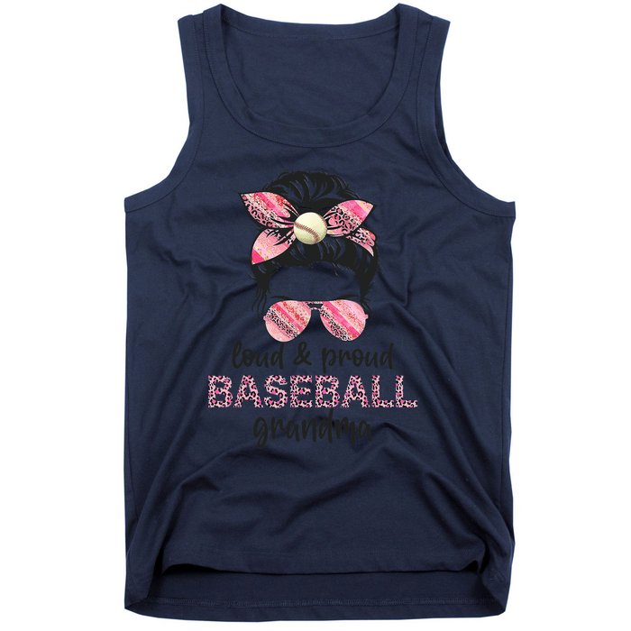 Loud Proud BaseBall Grandma Life Messy Bun Leopard Game Day Tank Top