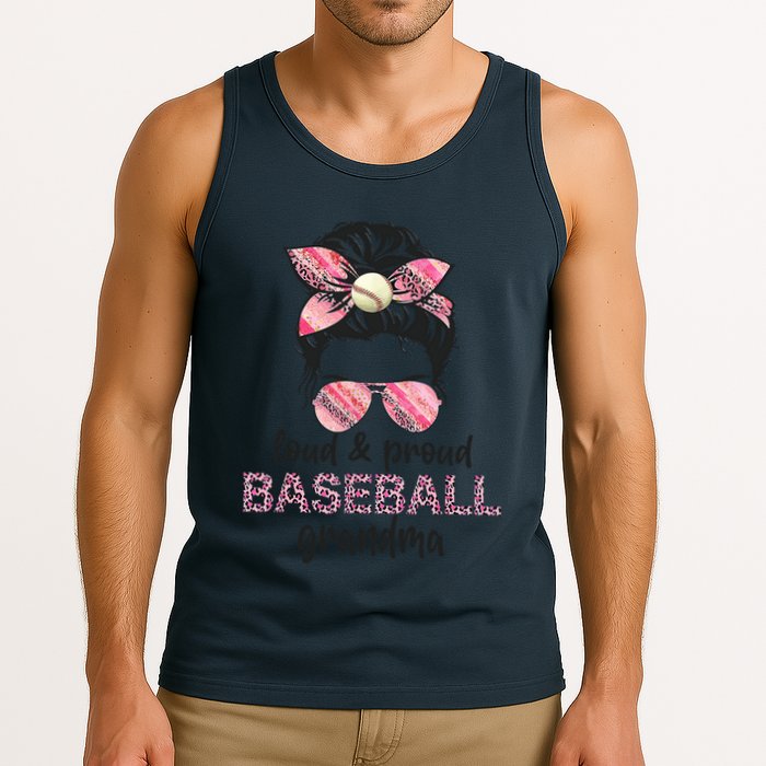 Loud Proud BaseBall Grandma Life Messy Bun Leopard Game Day Tank Top