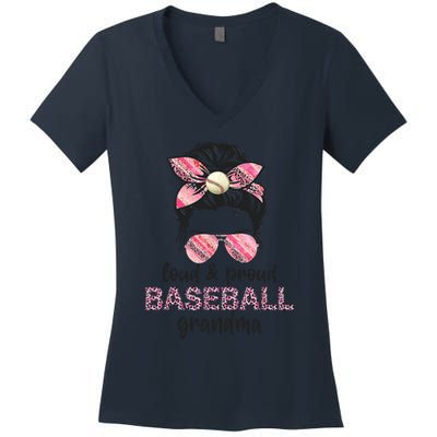 Loud Proud BaseBall Grandma Life Messy Bun Leopard Game Day Women's V-Neck T-Shirt
