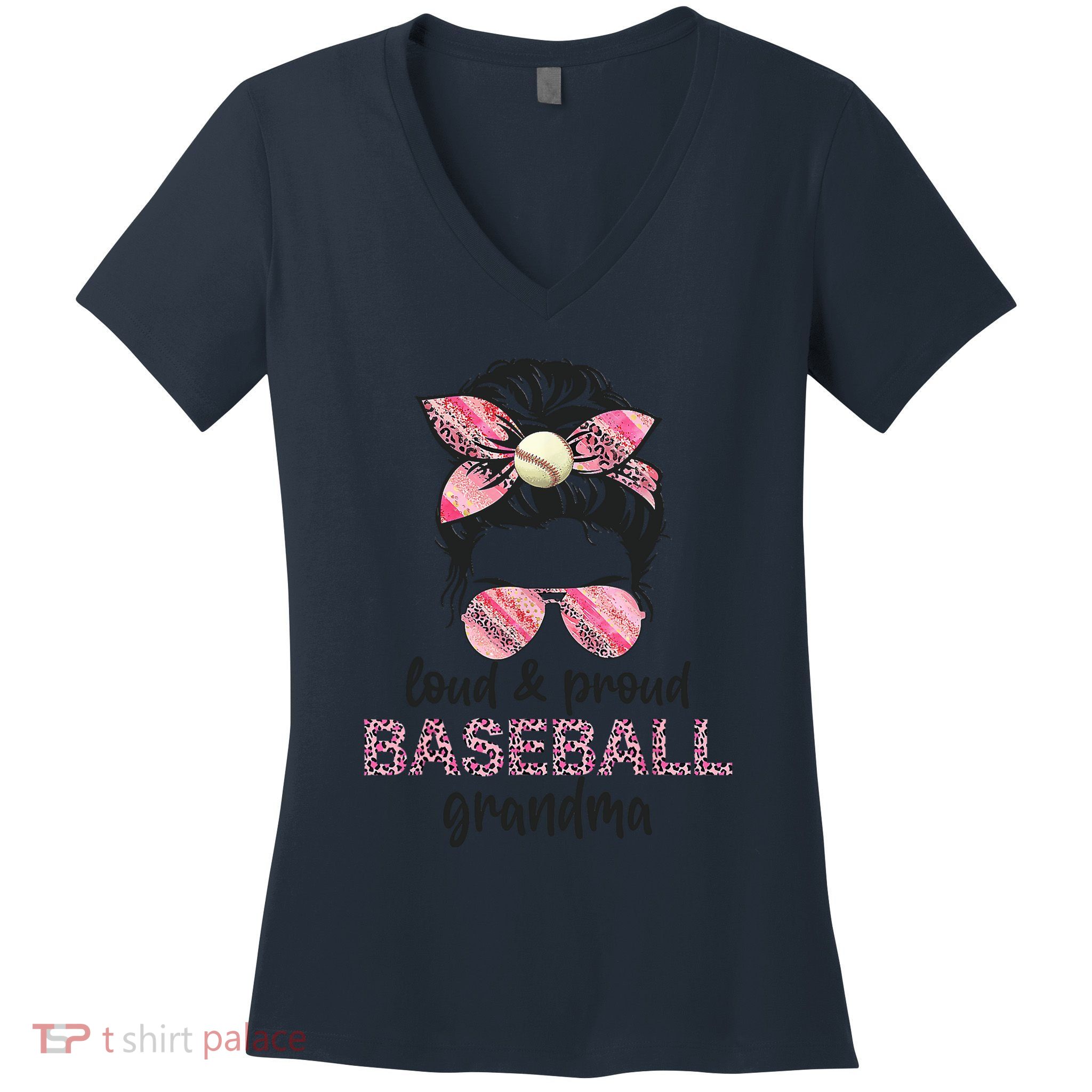 Loud Proud BaseBall Grandma Life Messy Bun Leopard Game Day Women's V-Neck T-Shirt