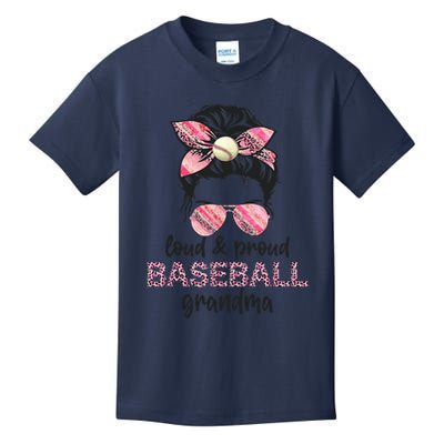 Loud Proud BaseBall Grandma Life Messy Bun Leopard Game Day Kids T-Shirt