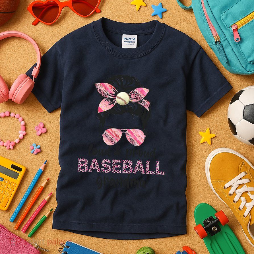 Loud Proud BaseBall Grandma Life Messy Bun Leopard Game Day Kids T-Shirt