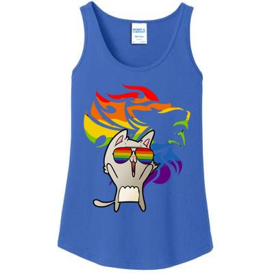 Lgbtq+ Pride Cat Wearing Sunglasses Rainbow Lion Gift Ladies Essential Tank