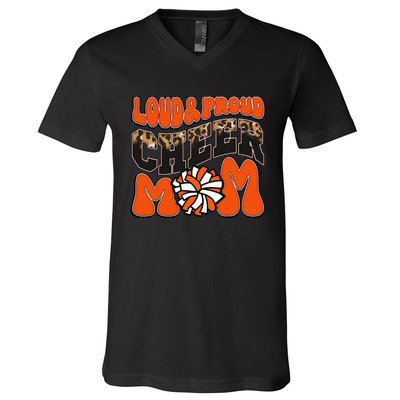 Loud Proud Cheer Mom Orange Team Leopard Funny Cheer Crew V-Neck T-Shirt