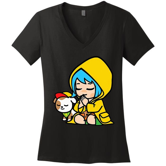 Luce Praying Catholic Pilgrim Vatican Anime Mascot 2025 Women's V-Neck T-Shirt