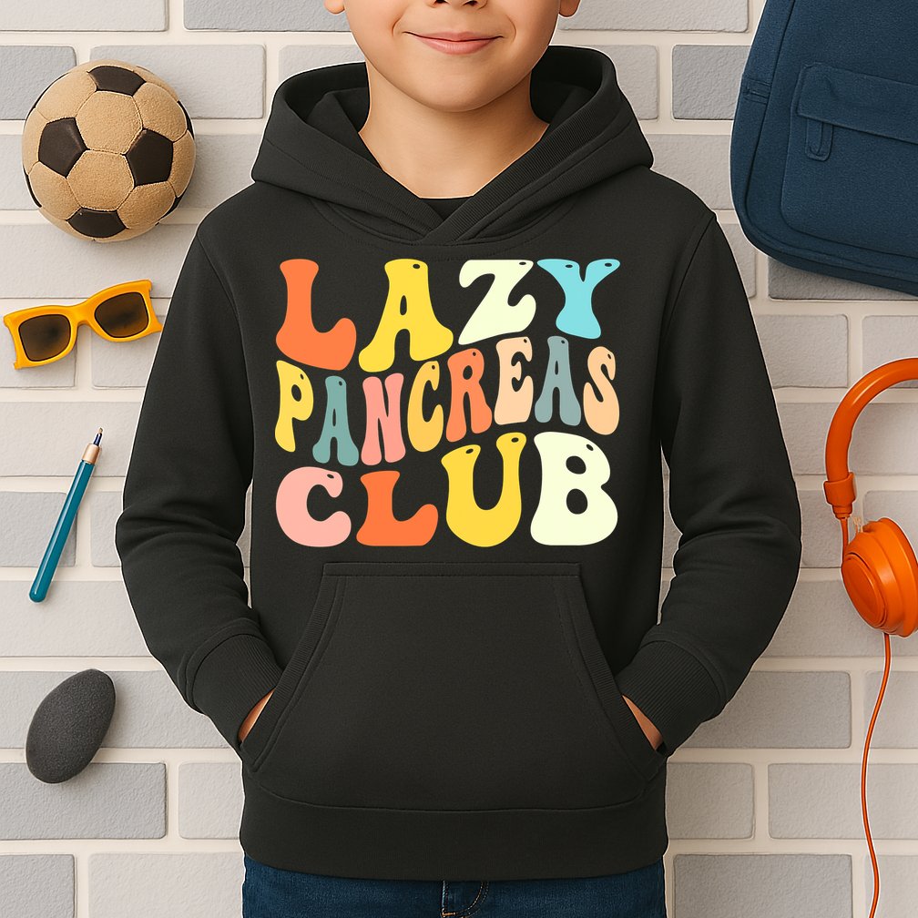 Lazy Pancreas Club T1D Retro Groovy Diabetes Awareness Kids Hoodie