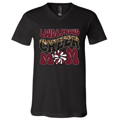 Loud Proud Cheer Mom Maroon Team Leopard Funny Cheer Crew V-Neck T-Shirt