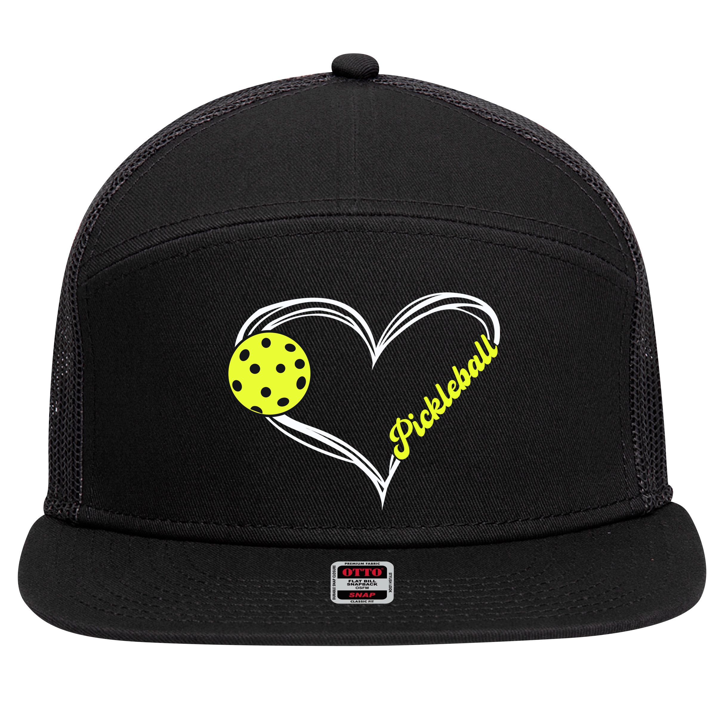 I Love Pickleball Cute Match 7 Panel Mesh Trucker Snapback Hat