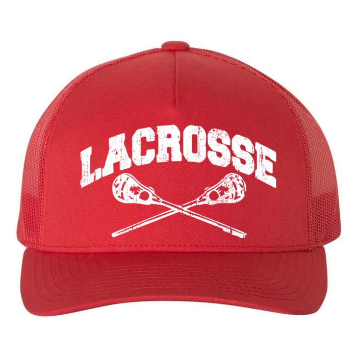 Lacrosse Player Coach Crossed Lax Sticks Vintage Yupoong Adult 5-Panel Trucker Hat