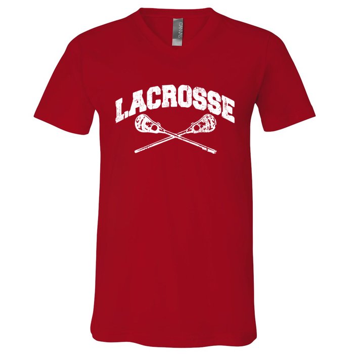 Lacrosse Player Coach Crossed Lax Sticks Vintage V-Neck T-Shirt