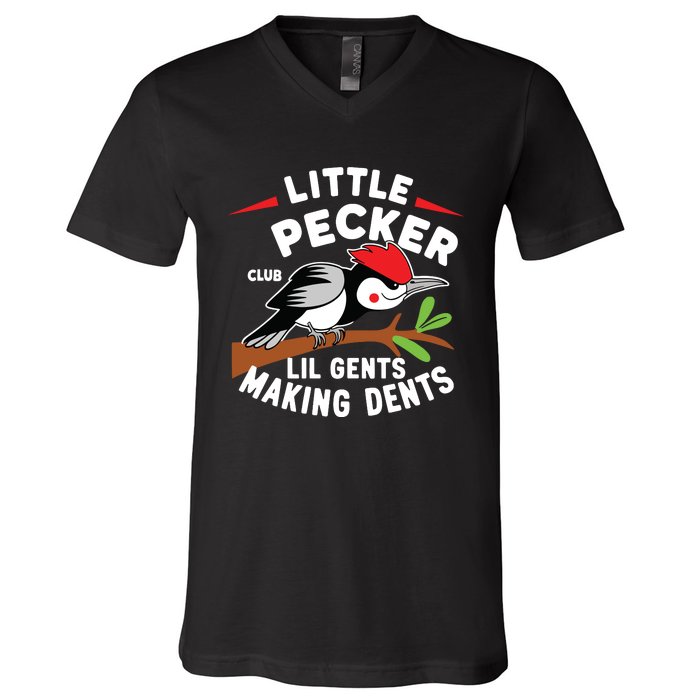 Little Pecker Club Lil Gents Making Dents Retro Woodpecker V-Neck T-Shirt