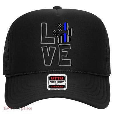 Love Police Dog Paw Print Thin Blue Line K9 Gift High Crown Mesh Back Trucker Hat