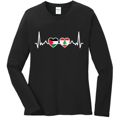 Lebanon Palestine Flag Lebanese Palestinian Unity Heartbeat Ladies Long Sleeve Shirt