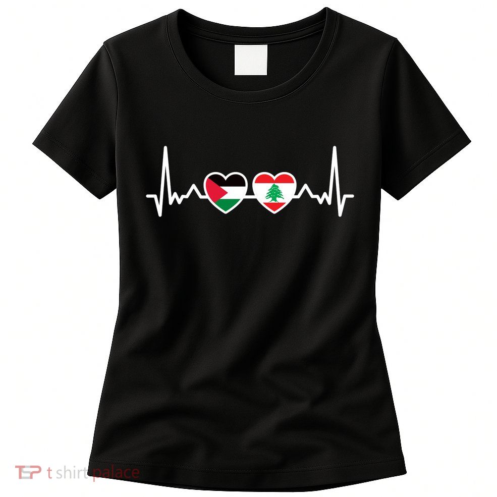 Lebanon Palestine Flag Lebanese Palestinian Unity Heartbeat Womens T-Shirt