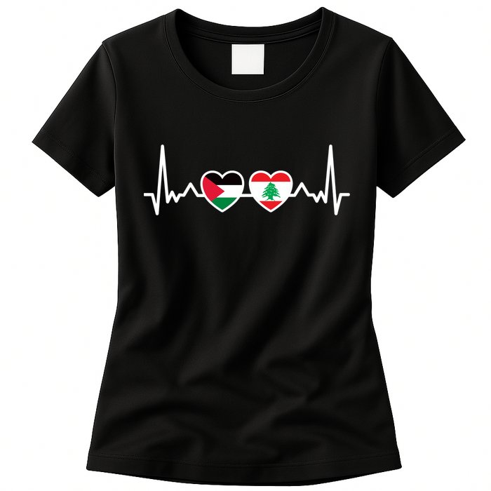Lebanon Palestine Flag Lebanese Palestinian Unity Heartbeat Womens T-Shirt
