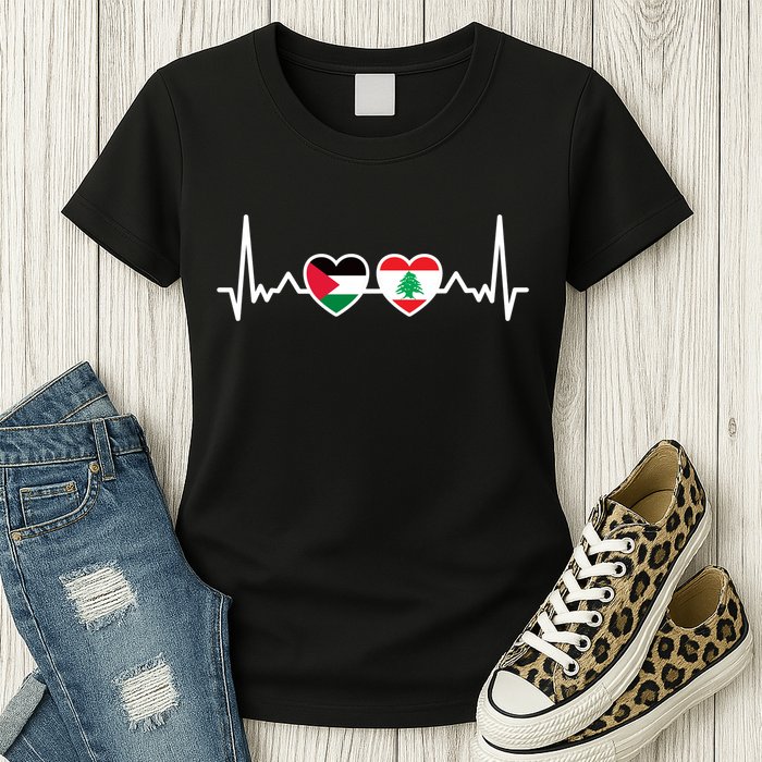 Lebanon Palestine Flag Lebanese Palestinian Unity Heartbeat Womens T-Shirt