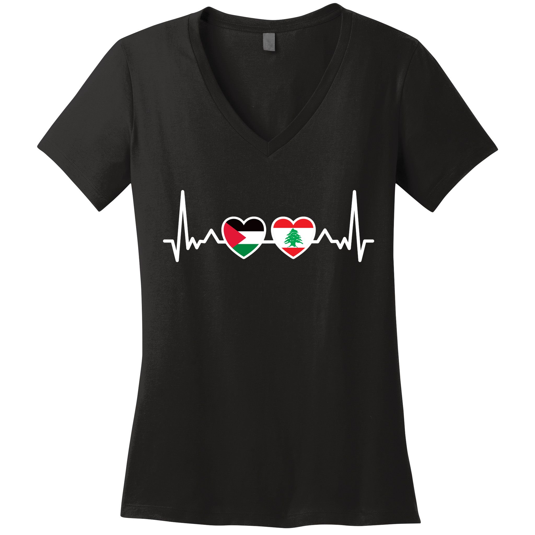 Lebanon Palestine Flag Lebanese Palestinian Unity Heartbeat Women's V-Neck T-Shirt