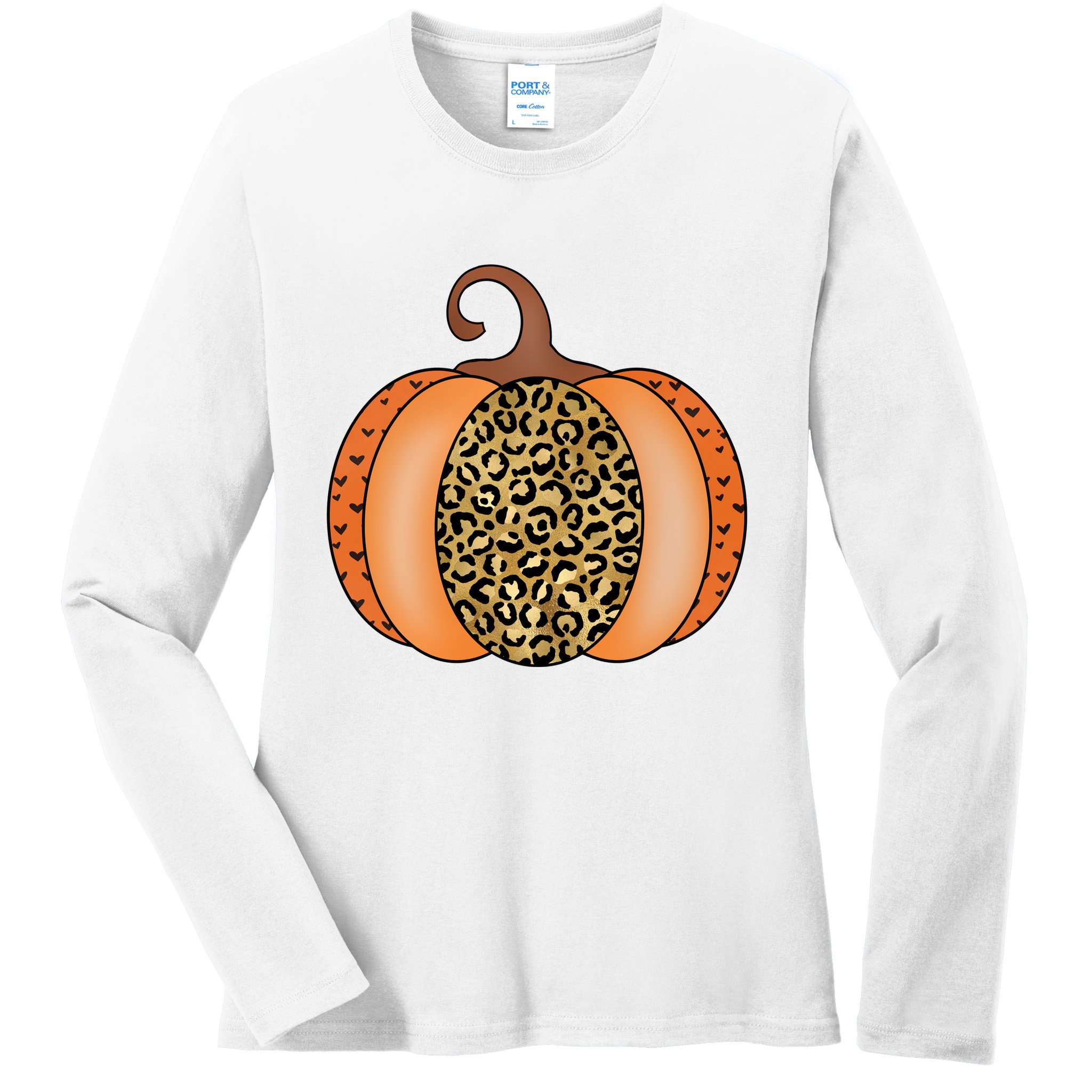 Leopard Pumpkin Fall Holiday Ladies Long Sleeve Shirt